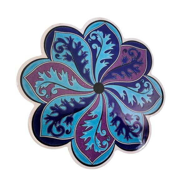 Vintage Turkish Ceramic Art Trivet Hot Plate Blue Swirl Floral Peacock Purple - Picture 1 of 6